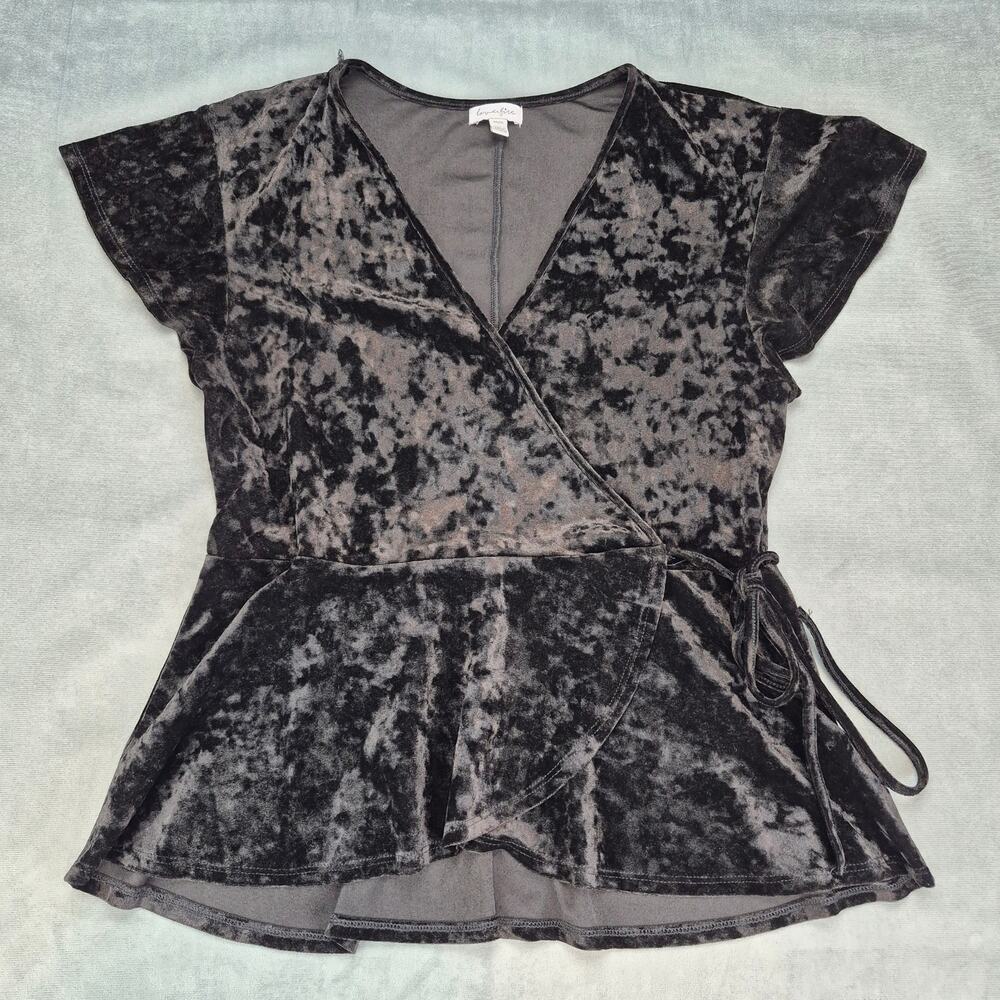 Whimsigoth Crushed Velvet Babydoll Wrap Y2K Black Short Sleeve Top Love Fire M